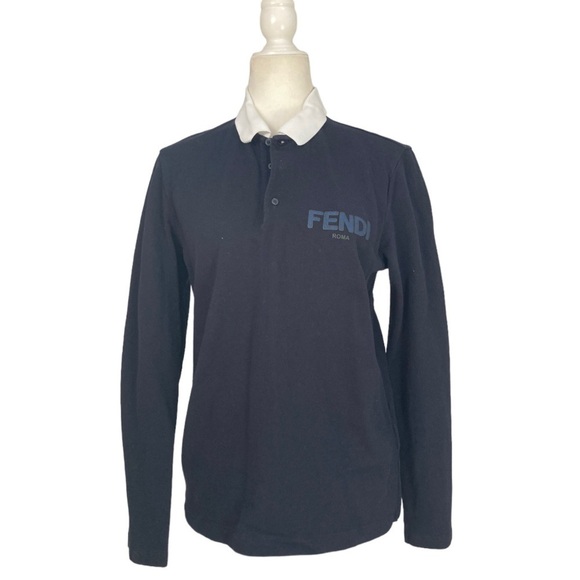 Fendi Tops - Fendi Long Sleeve Cotton Polo Shirt Blue contrast White Collar Fendi Logo